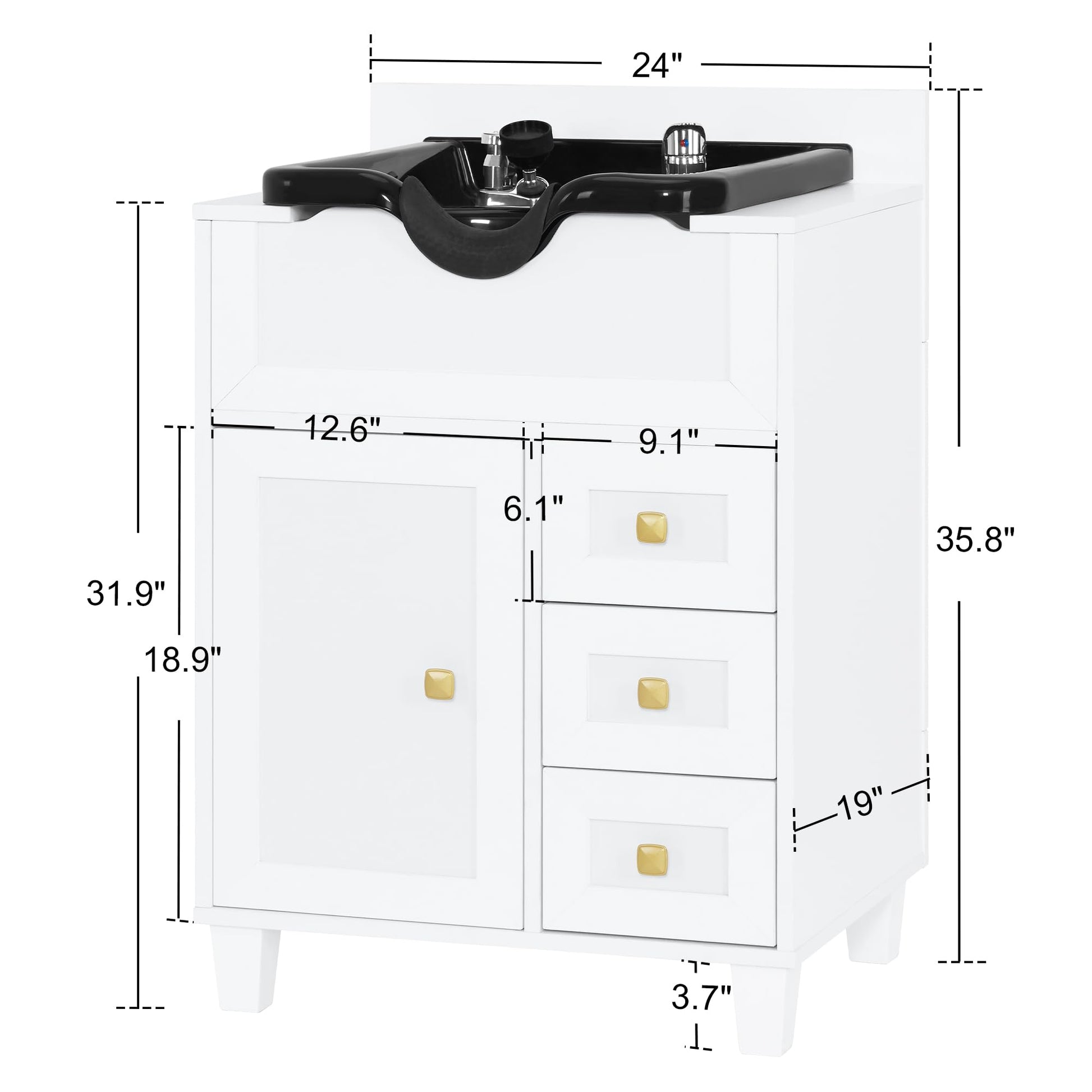 White Smoke BarberPub Barber Storage Shampoo Station, Spa Textured Embossed Cabinet with Shampoo bowl & Drawers, Hair Salon Sink Backwash Equipment 7131 (White)