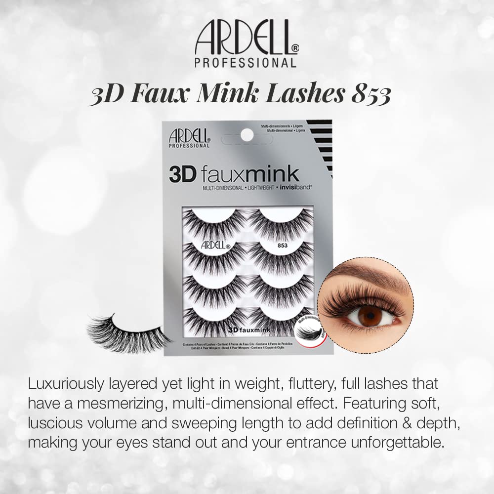 White Smoke Ardell 3D Faux Mink Lashes 853 - Reusable Wispies Eyelashes with Invisiband for Seamless Volume, 4 Pairs