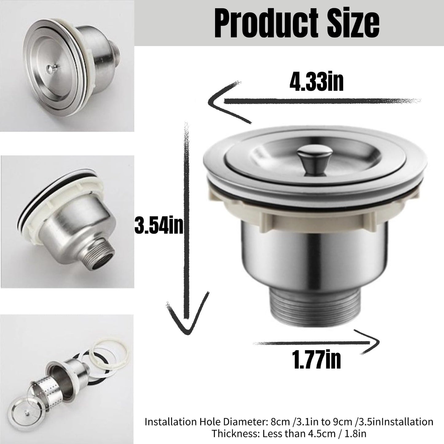 White Smoke Drain Plug Basket Strainer Stainless Steel Sink Plug Kit, Hair Salon Shampoo Basin Drain Plug kit, Fast Drainage Sink Plug with Hair Catcher Accessories for Shampoo Bed, kitchen, Sturdy and Durable