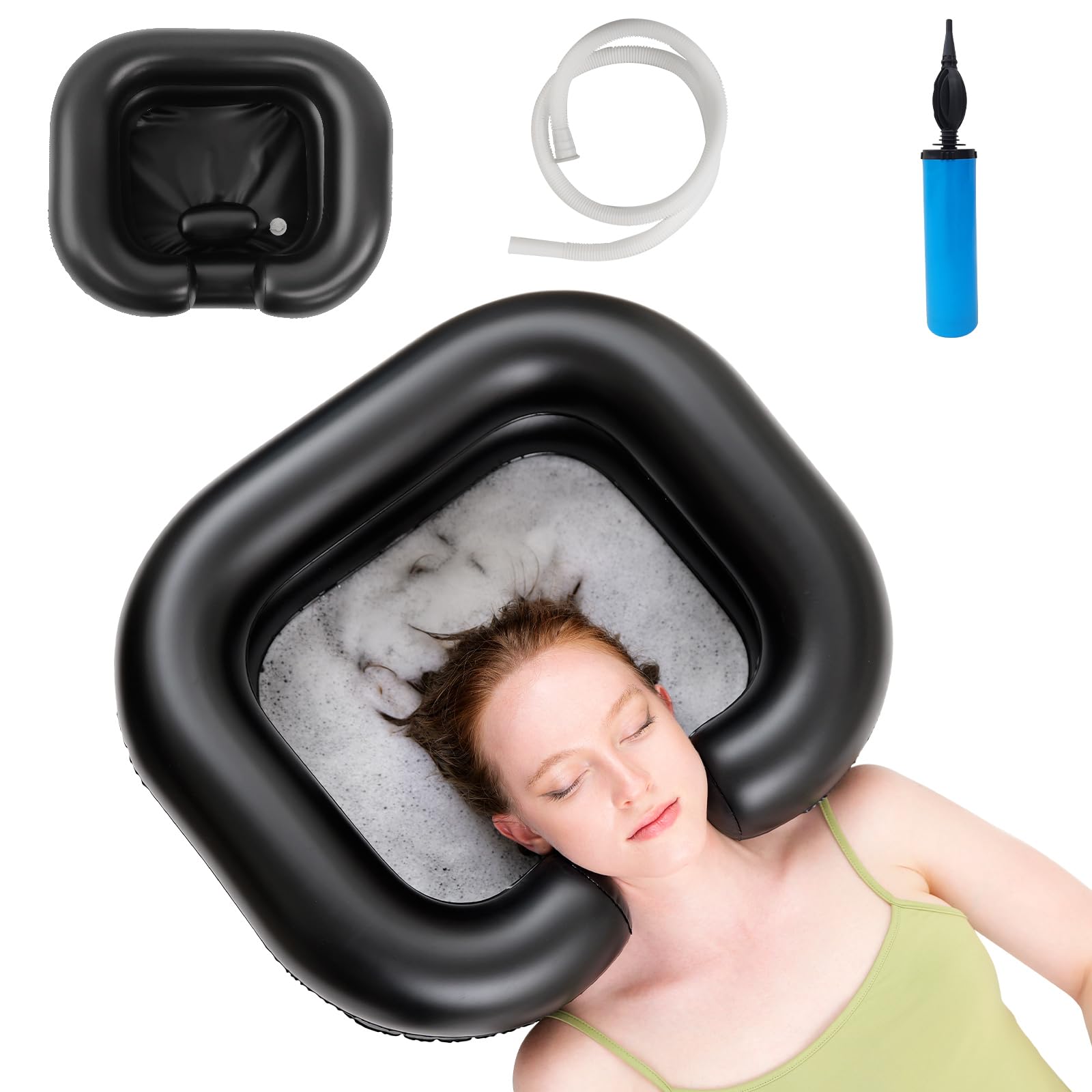 White Smoke Inflatable Shampoo Basin, Portable Shampoo Bowl with Neck Support and Drain Hose for bedridden People, Portable Shampoo Sink for The Elderly, Disabled, Pregnant Women, Injured People (Black)