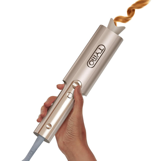 White Smoke TYMO CurlPro Plus Automatic Rotating Curling Iron - Upgraded Long Barrel Curling Wand for Long Hair, Ceramic Hair Curler for Women, Anti-Scald, Tangle-Free, 600M Ionic, Dual Voltage, Gold, 1 Inch