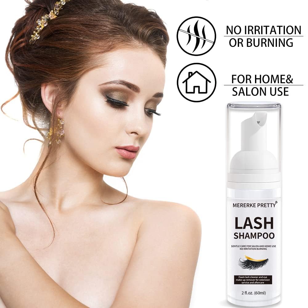 White Smoke Mererke_Pretty Eyelash Extension Shampoo 60 ml + Brush - Eyelid Foaming Cleanser - Sensitive Paraben & Sulfate Free - Eyelash Wash and Lash Bath for Extensions - Salon Use and Home Care