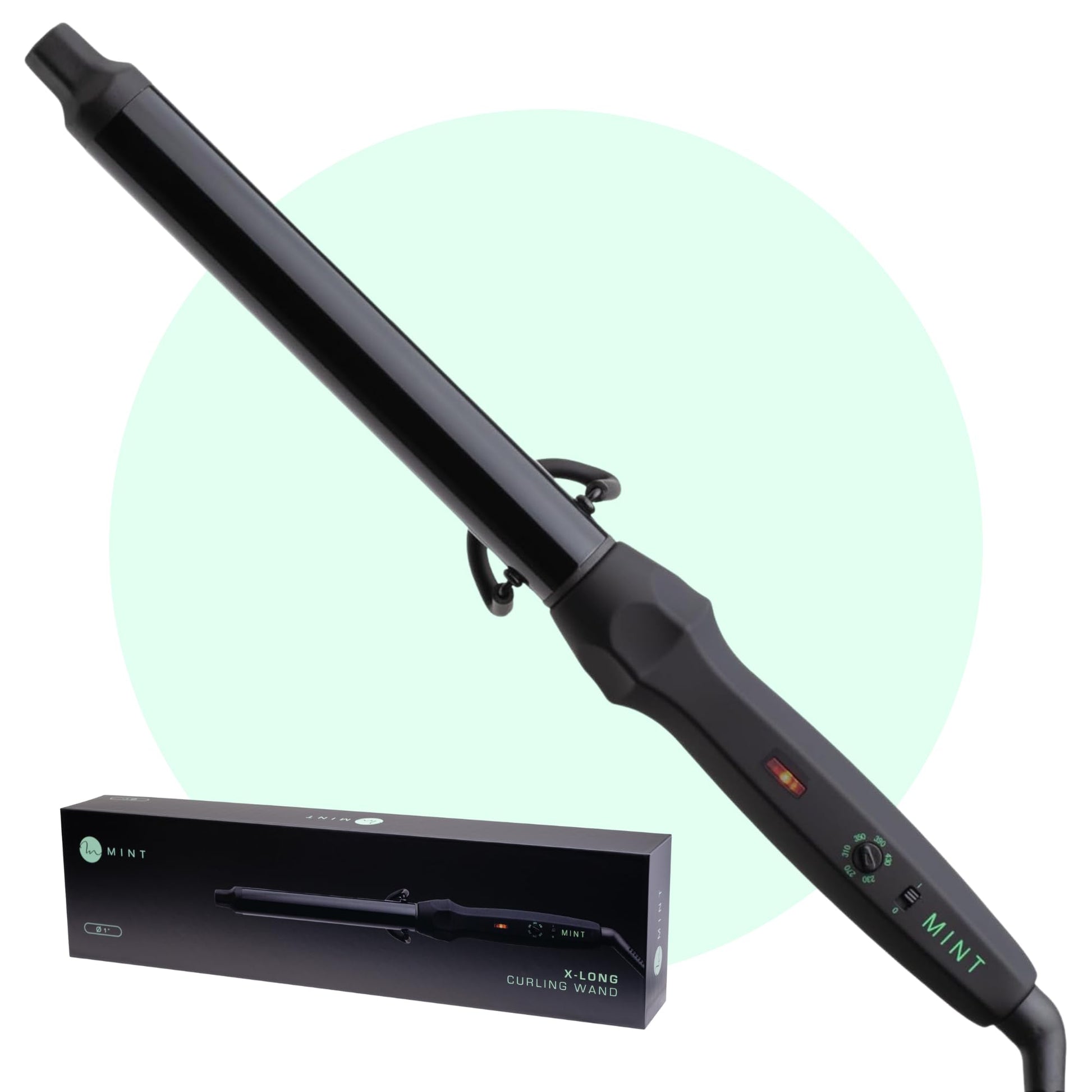 White Smoke MINT Professional Clamp-Free Curling Wand 1 Inch for Long Hair | Extra Long Curl Wand w 4-Heater Ionic Ceramic Tourmaline Barrel | Best Curling Wands | Adjustable 230-430°F | Worldwide Dual Voltage