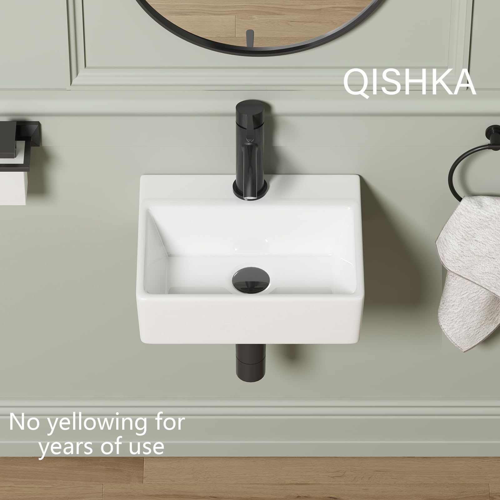 Dark Gray Wall Mounted Bathroom Vessel Sink, QISHKA 15" X 12" Rectangular Floating Ceramic Wash Hand Basin White Wall Hung Vanity Sink for Bathroom and Cloakroom
