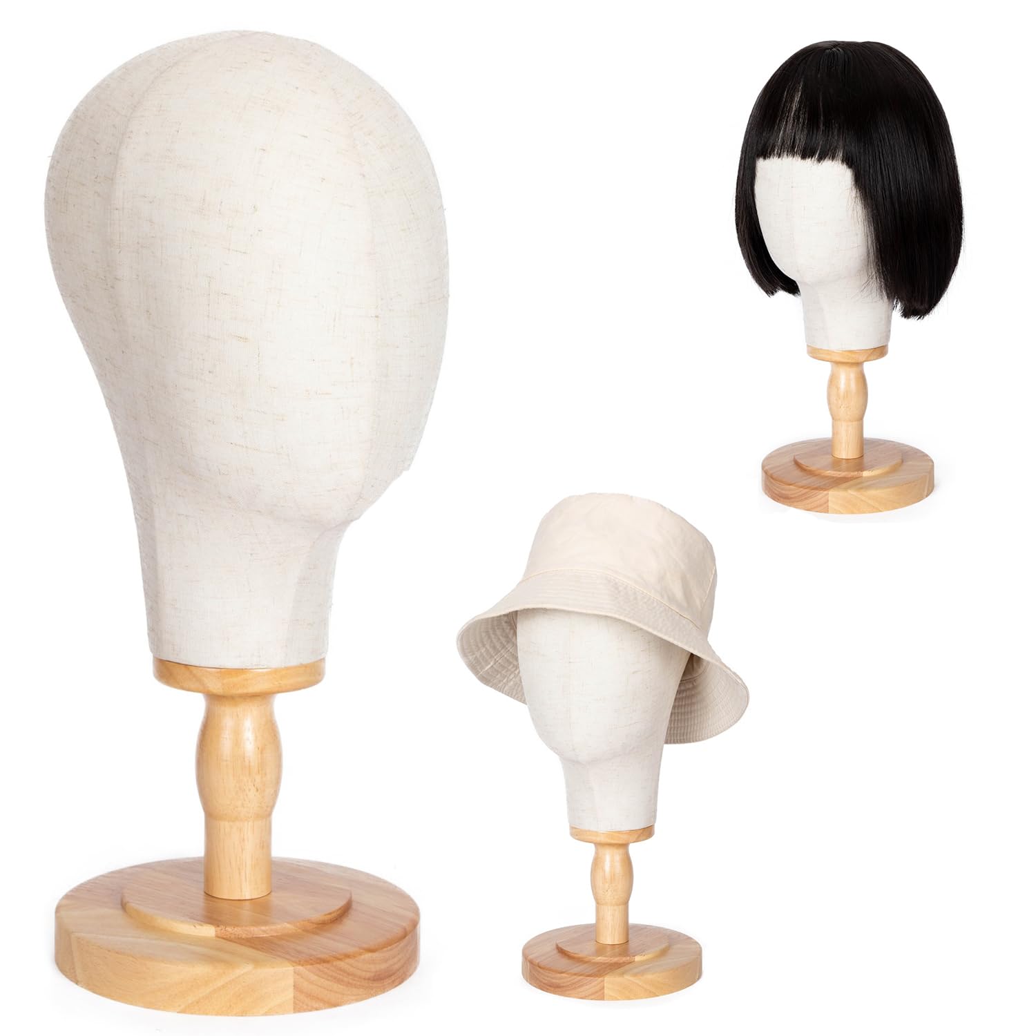 White Smoke GOODColla White Wooden Mannequin Head Stand Canvas Wig Head Stand with Detachable Wood Stand Linen Hat Dispaly Model Head for Caps Mannequin Head with Detachable Wood Base