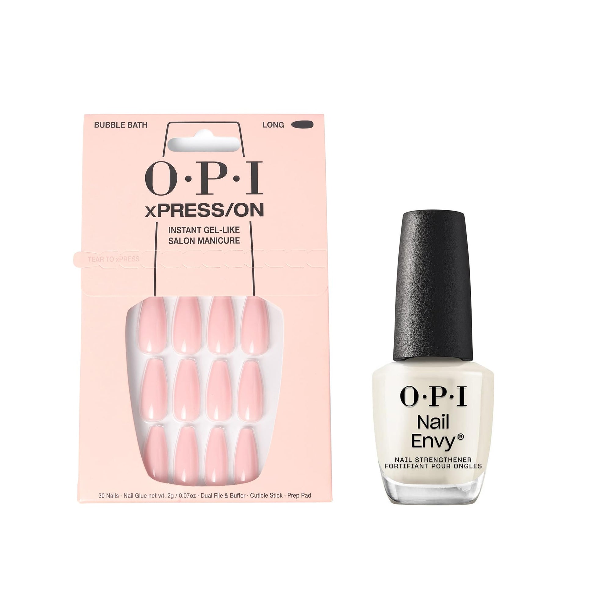 White Smoke Bundle of OPI xPress/On Press On Nails, With Nail Glue, Long Neutral Coffin Shape Nails, Bubble Bath + OPI Nail Envy, Nail Strengthening Treatment, Stronger Nails in 1 Week, Vegan Formula, 0.5 fl oz
