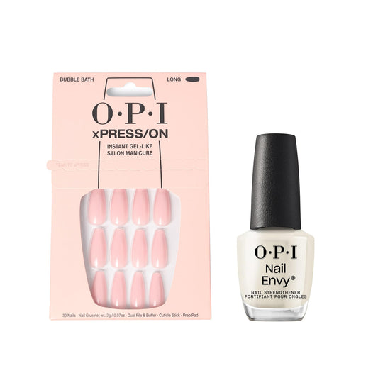 White Smoke Bundle of OPI xPress/On Press On Nails, With Nail Glue, Long Neutral Coffin Shape Nails, Bubble Bath + OPI Nail Envy, Nail Strengthening Treatment, Stronger Nails in 1 Week, Vegan Formula, 0.5 fl oz