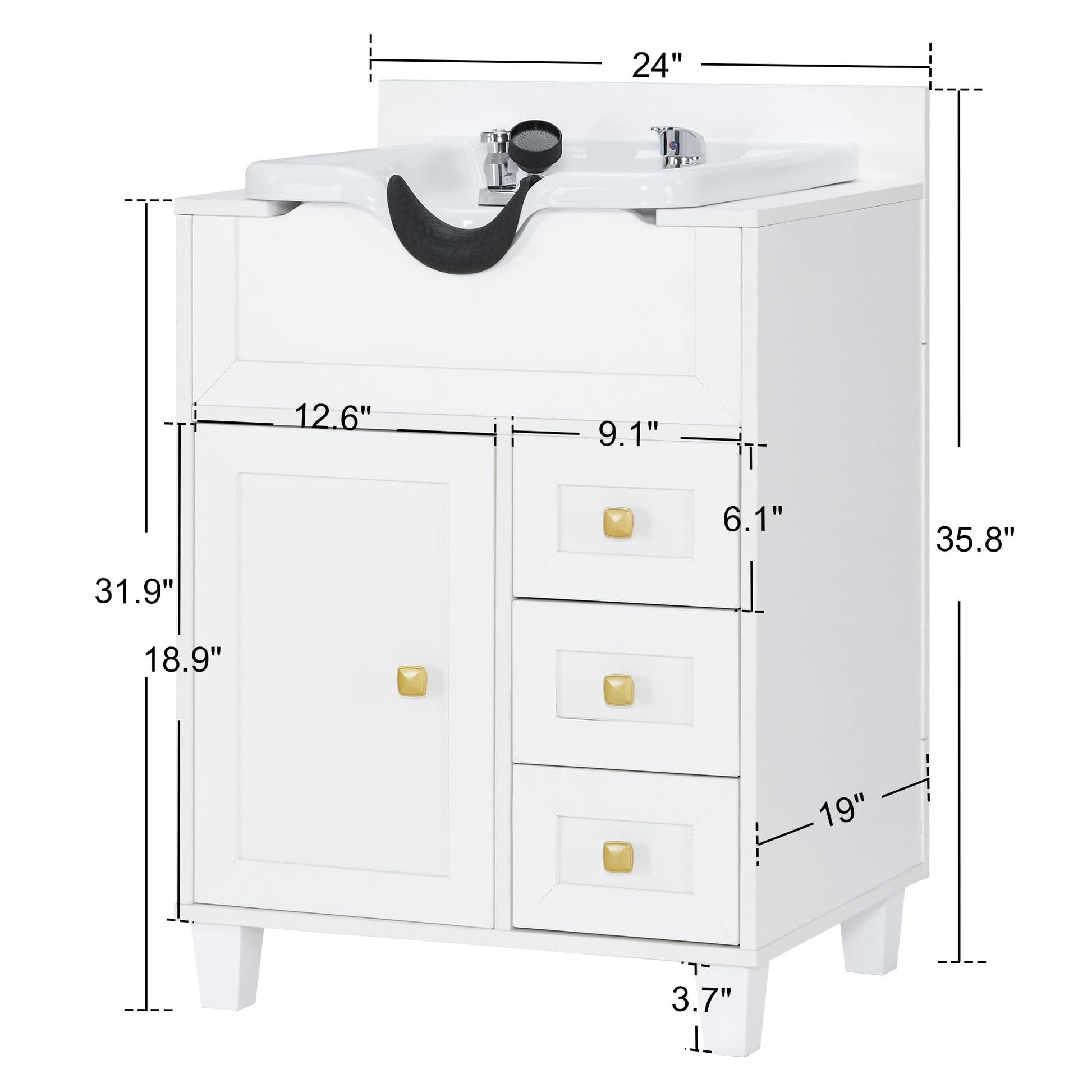 White Smoke BarberPub Barber Storage Shampoo Station, Spa Textured Embossed Cabinet with Shampoo Bowl & Drawers, Hair Salon Sink Backwash Equipment 7131 (All White)