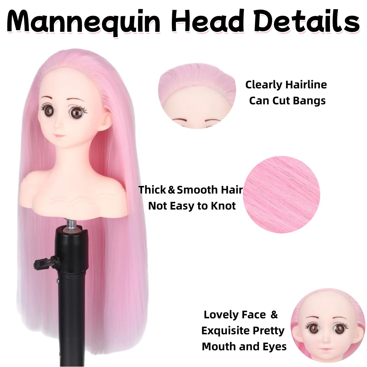 White Smoke Czrleaty Training Doll Head for Hair Styling, Cosmetology Mannequin Head with Pink Hair for Kids Practice Braiding
