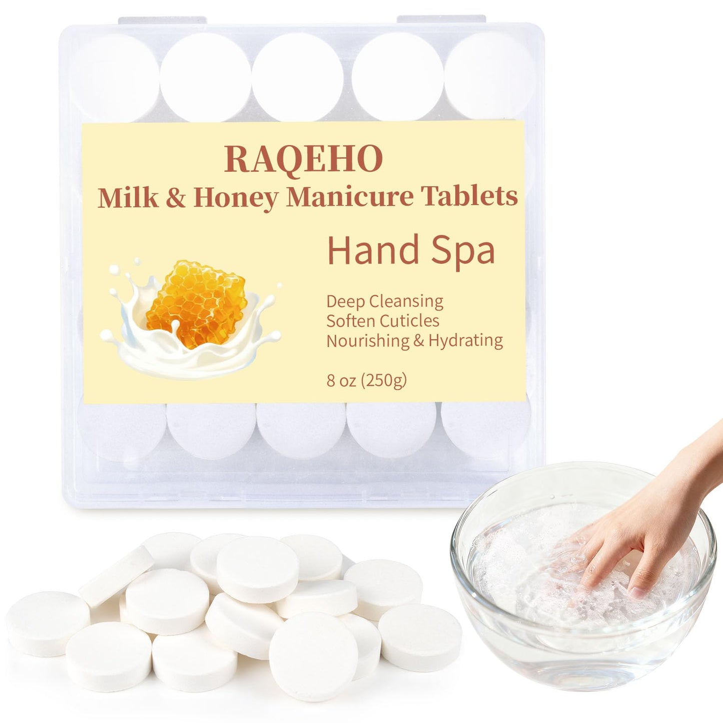 White Smoke RAQEHO Manicure Spa Tablets 8oz - Milk & Honey Soak Balls, Moisturizing Tablets, Cuticle Softener for Foot and Hand Soak Pedicure Spa Supplies Manicure Tools Nail Salon & Tavel Esenntial（40count）