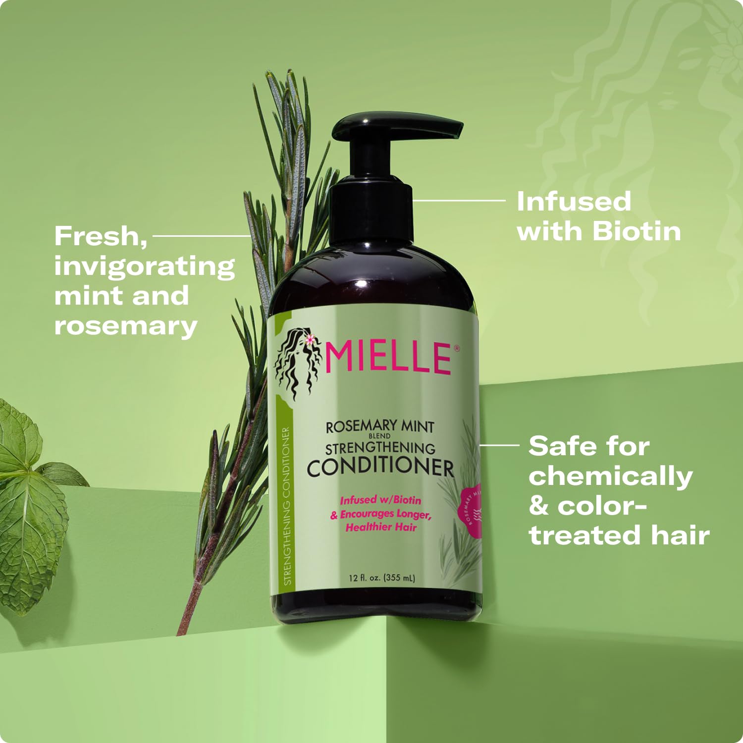 Dark Sea Green Mielle Organics Rosemary Mint Strengthening Hair Conditioner for Women & Men - Biotin Infused Detangling & Hydrating Conditioner to Increase Manageability & Support Longer, Healthier Strands, 12 oz