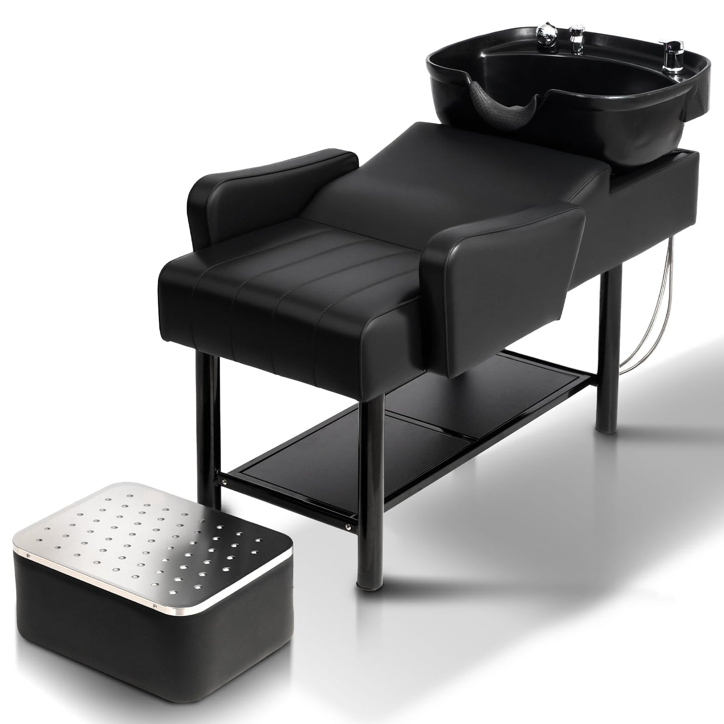 White Smoke Shampoo Bowl and Chair Set for Salon, Hair Washing Station for Hair Stylist, ABS Shampoo Sink with Footrest & Bottom Storage for Spa Beauty Barbershop