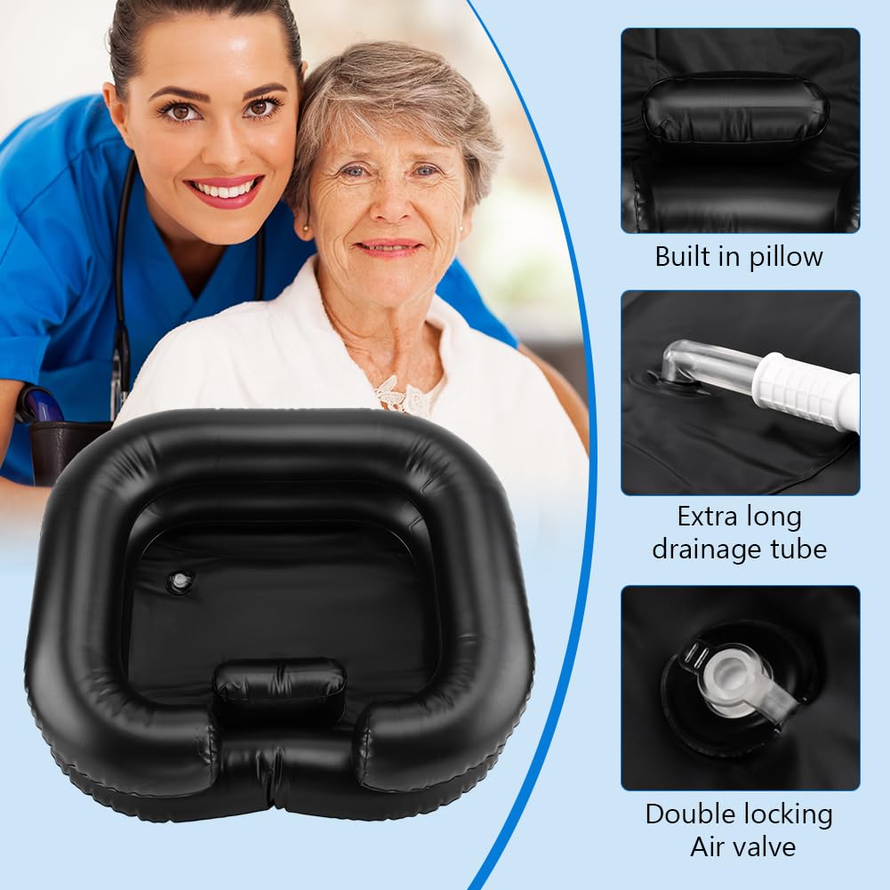 Dark Slate Gray Inflatable Shampoo Basin, Portable Wash Hair in Bed with Inflatable Shampoo Bowl Include Massage Comb1*Pump 20*Ear Muffs for Bedridden Disabled Injured Elderly(Color:Black)
