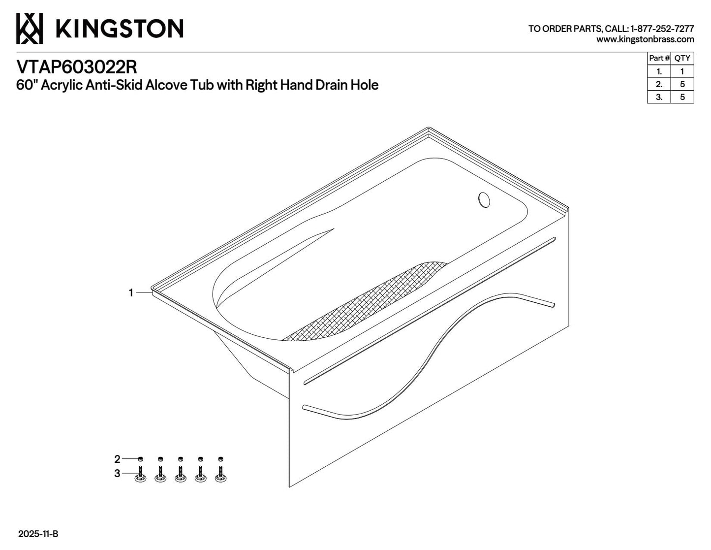 White Smoke Kingston Brass Aqua Eden VTAP603022R 60-Inch Acrylic Anti-Skid Alcove Tub with Right Hand Drain Hole, White