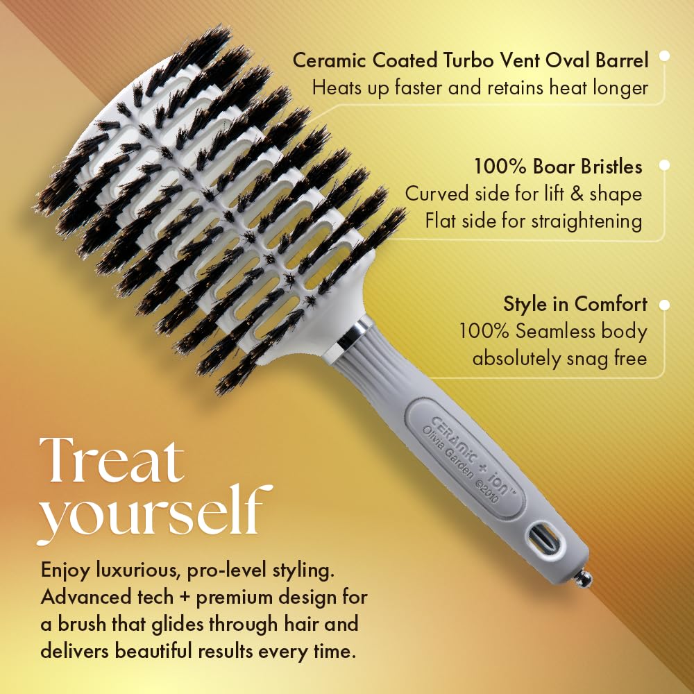 Sandy Brown Olivia Garden Ceramic and Ion Turbo Vent 100% Boar Bristle Hair Brush with Sectioning Pick - Oval 3 1/2" x 2 1/2" (CITV-BROVL)