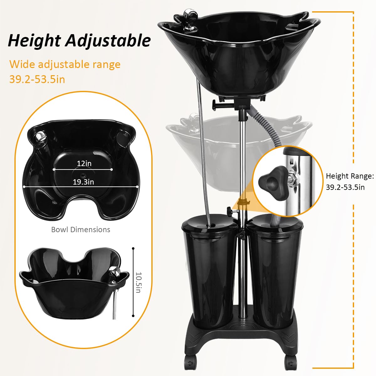 White Smoke johgee Portable Shampoo Bowl with Electric Pump, Plastic Shampoo Unit with 2 Bucket and Drain Hoses, Basin Height Adjustable Portable Salon Sink for Home Salon Use