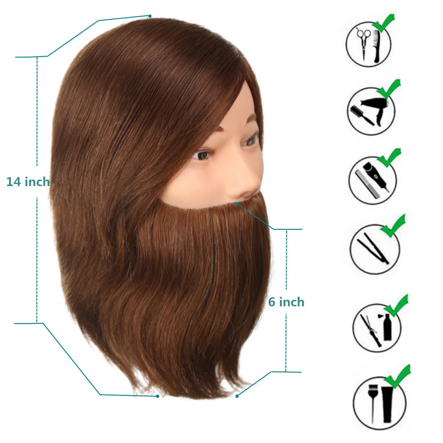 White Smoke Romance Queen Male Mannequin Head With Hair Human Hair Manikin For Men Cosmetology 8inch Straight Beard Manikin Head With Human Hair with Stand Practice Cutting Styling (8inch)
