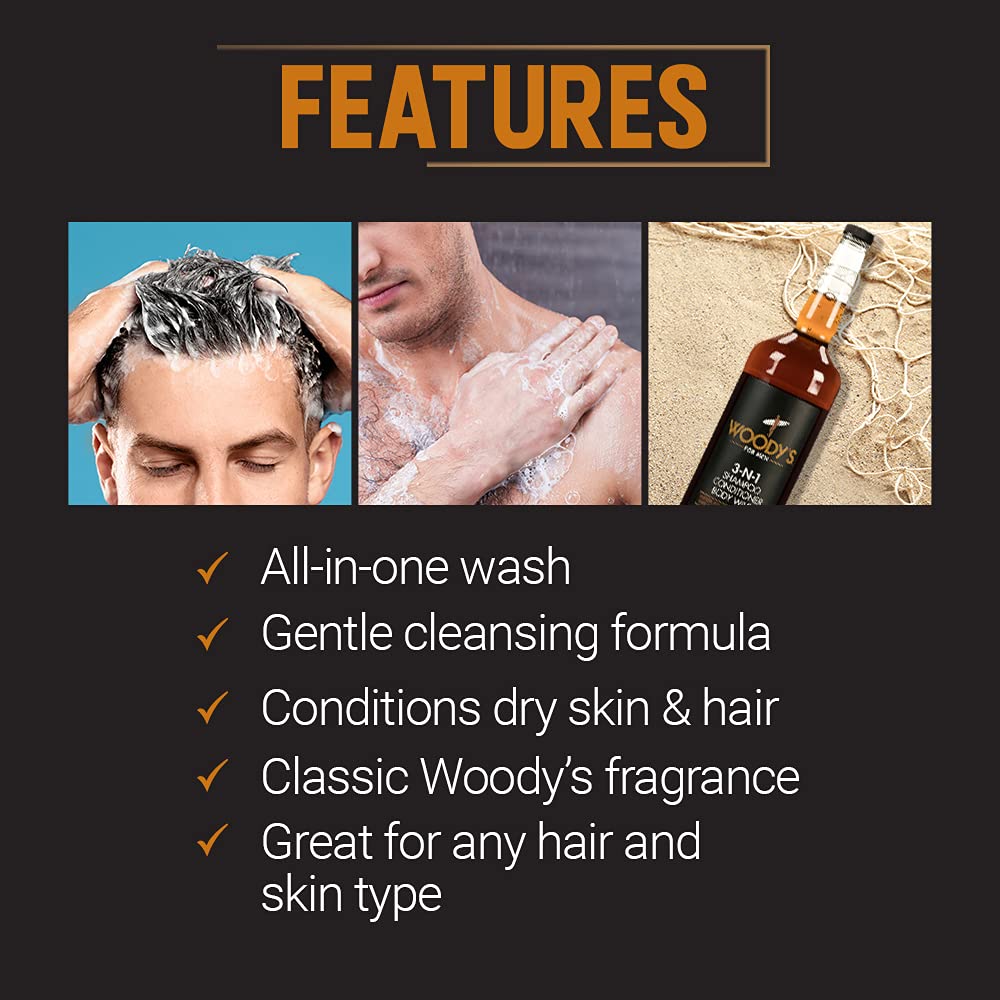 Dark Slate Gray Woody's Mens Body Wash 3 in 1 – Shampoo, Conditioner, & Body Wash, All-in-One Cleanser, Refreshing & Hydrating with Natural Extracts - 32 fl oz