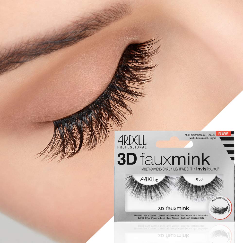 Light Pink Ardell 3D False Eyelashes Faux Mink Lashes 853 - Fluffy Volume Strip Wispy Lashes with Invisiband, 4 Pairs