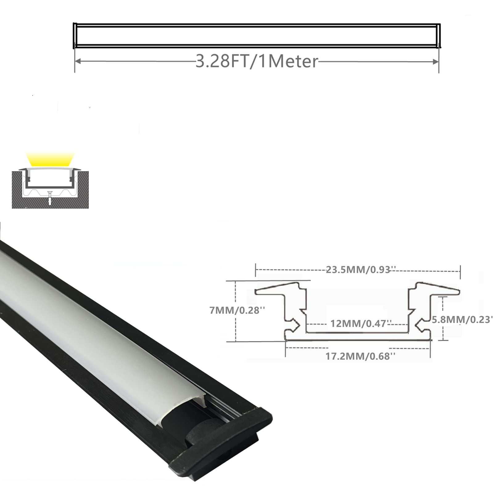 White Smoke THMOOTHER 10-Pack 3.3FT/1M LED Strip Aluminum Channel Diffuser,Collar Shape Tape Light Under Cabinet Floating Shelf Alcove Recessed 25X7MM Matte Black Anodized Track, Milky Cover Concave Slot Profile