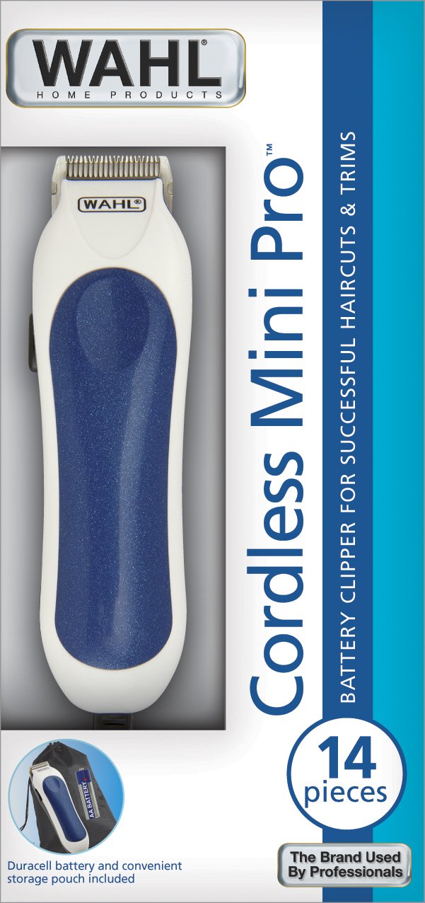 White Smoke Wahl 9307-1101 Cordless Mini Pro 14 Piece Touch-up and Trim Haircutting Kit, White/blue