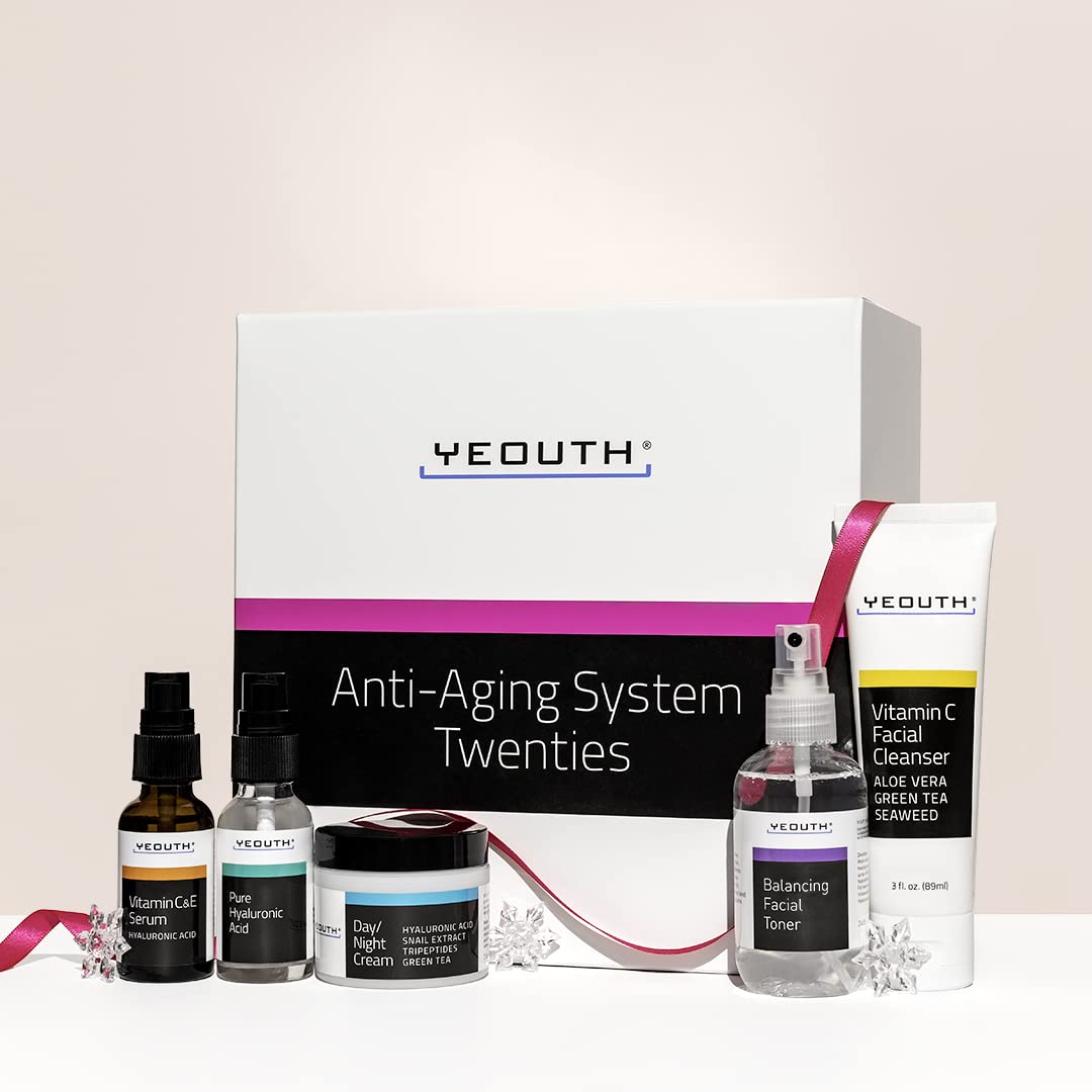 White Smoke YEOUTH Skin Care Set: Hyaluronic Acid Serum for Face | Vitamin C Facial Serum | Face Cleanser | Skincare Toner & Cream | Hydrating Skin Care Gift Set 5-Piece