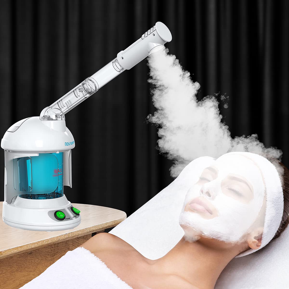 Black DENFANY Hair Steamer Facial Steamer 2 in 1 – Nano Ionic Steam for Deep Hydration, Adjustable Arm, Easy-Clean Wide Mouth Tank, Home & Salon Use