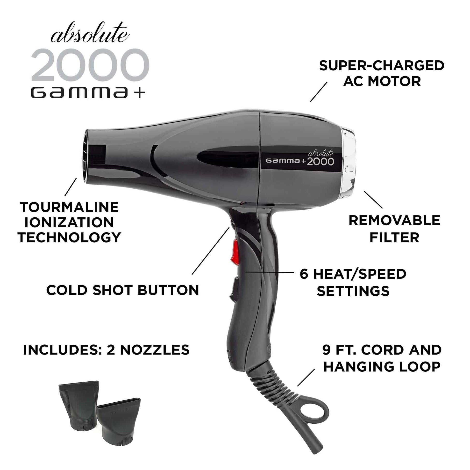 White Smoke GAMMA+ Professional Absolute 2000 Hair Dryer Black, 2 Concentrator Nozzles