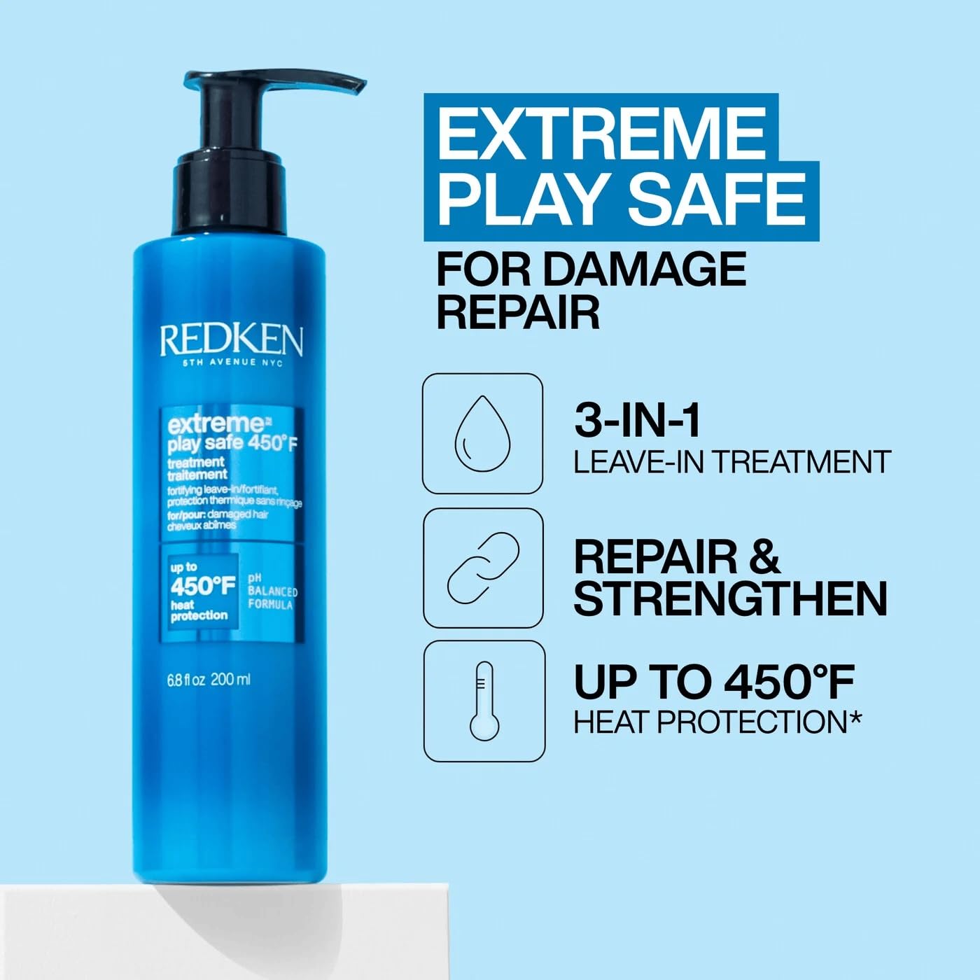 Pale Turquoise Redken Extreme Play Safe Heat Protectant Spray & Leave In Conditioner| For All Hair Types | Helps Reduce The Appearance of Split Ends | With Tourmaline | 6.8 Fl Oz