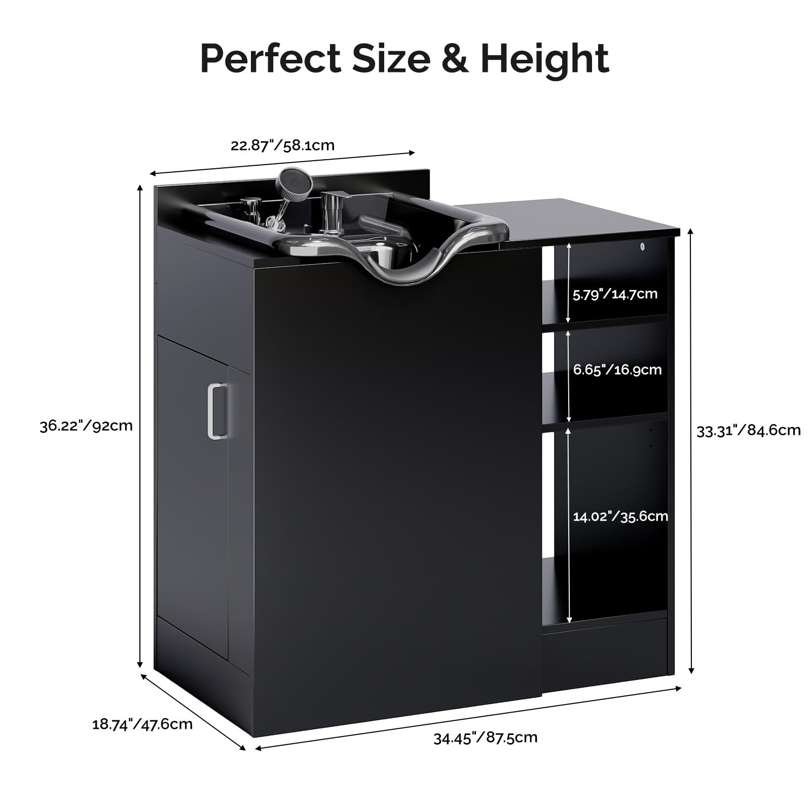 White Smoke OmySalon Shampoo Bowl with Cabinet, Portable Salon Hair Washing Station with Adjustable Shelf, UPC Certified Faucet, Freestanding Backwash Sink for Barber, Beauty Salon, Spa