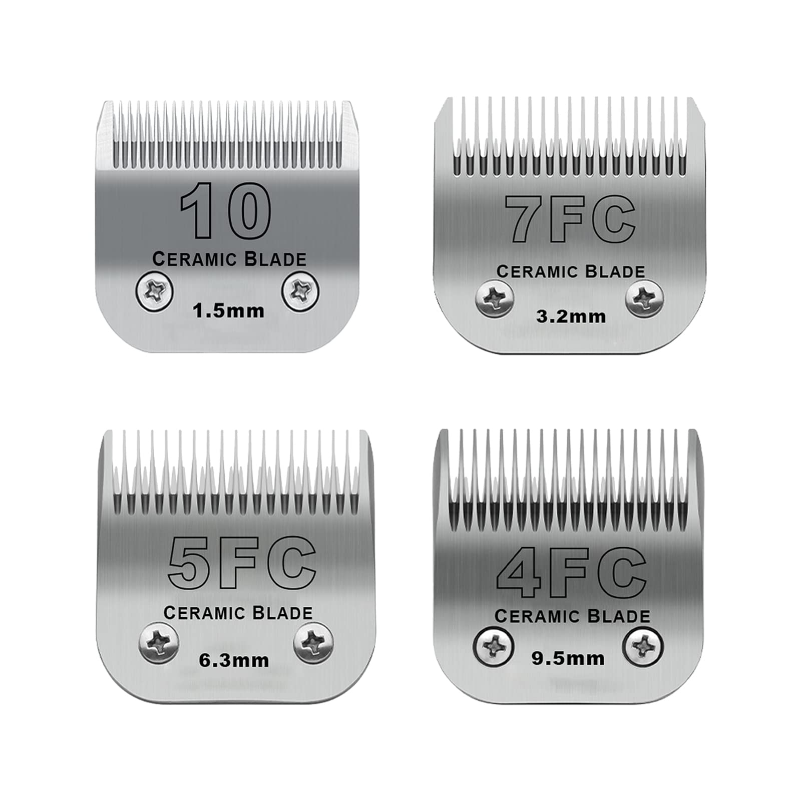 White Smoke Size 10/7FC/5FC/4FC Detachable Pet Dog Grooming Clipper Ceramic Blades Set,Compatible with Andis,Oster A5,Wahl KM10 Series Clippers,Cut Length 1/16"(1.5mm) to 3/8"(9.5mm),4 Pack