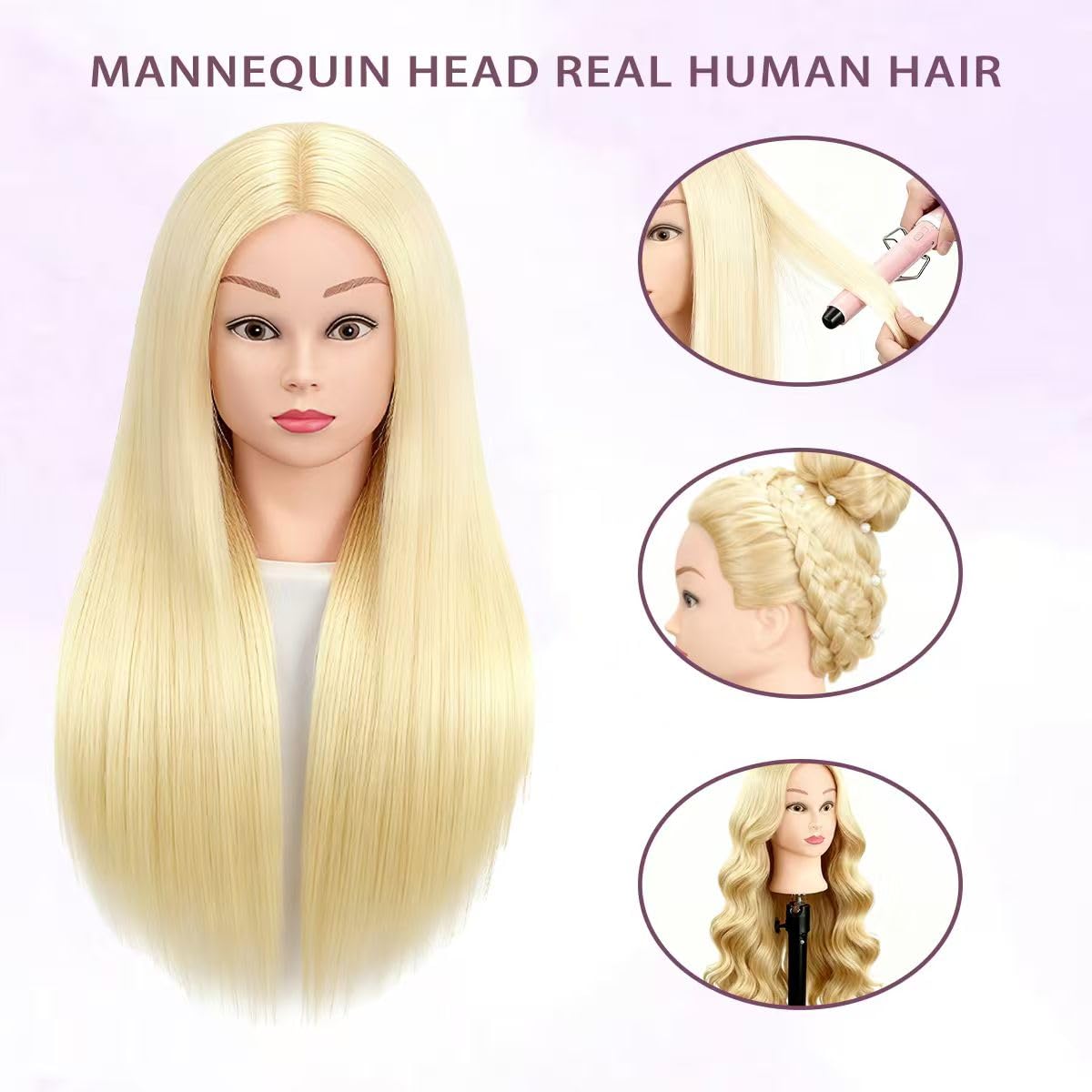 White Smoke Mannequin Head with 80% Human Hair for Hair Styling Practice 26-28 Inch Straight Hair Training Head for Cosmetology Barber Hairdresser Students and Professionals (613)