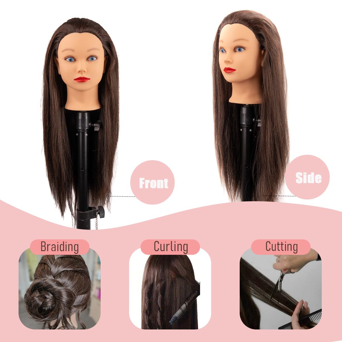 White Smoke Mannequin Head with 80% Human Hair for Hair Styling Practice 26-28 Inch Straight Hair Training Head for Cosmetology Barber Hairdresser Students and Professionals (809-4#80%)