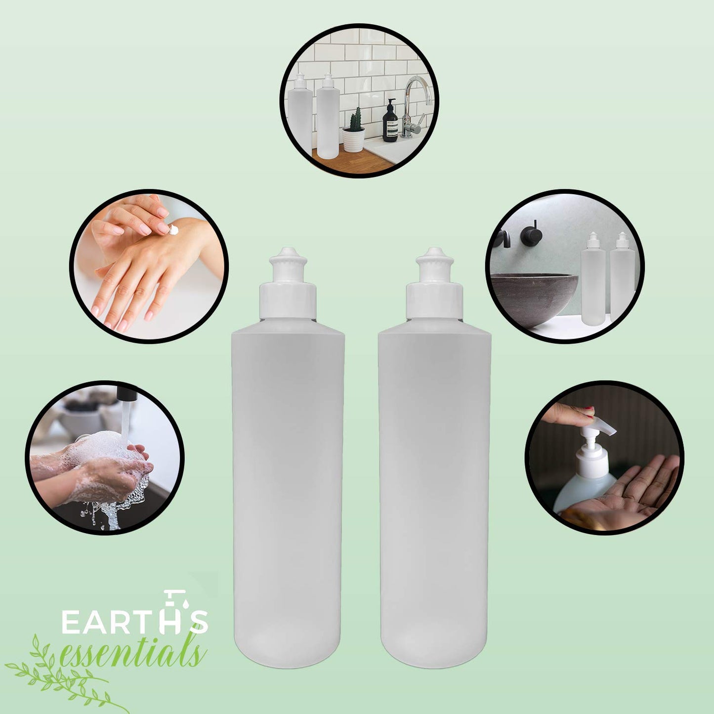 Light Gray 2 Pack Refillable 16 Ounce HDPE Squeeze Bottles With Push/Pull Button Top Dispenser Caps-Great For Lotions, Shampoos, Conditioners and Massage Oils-Includes our patented thread-on funnel