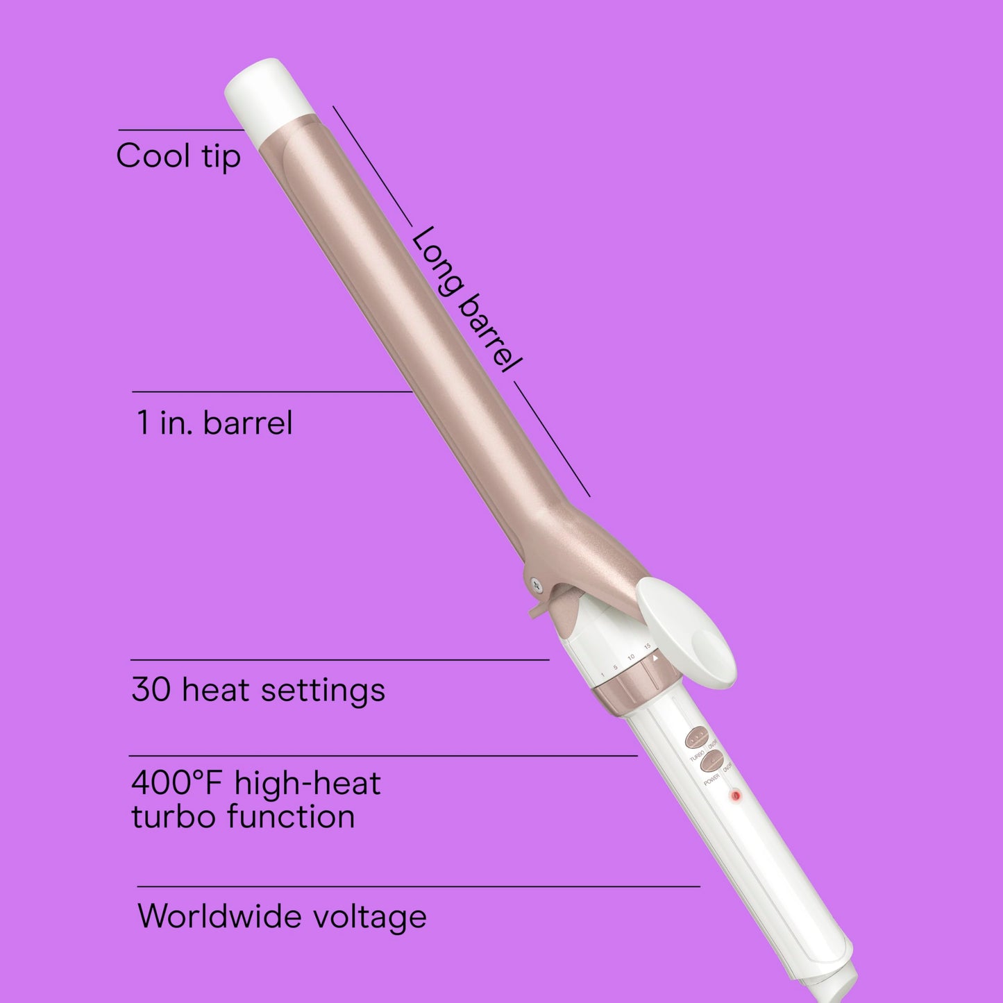 Violet Conair Double Ceramic 1-Inch Long Barrel Curling Iron, 1-Inch Barrel Creates Classic Curls to Loose Waves, Hair Curler for Use on Short, Medium, & Long Hair, White/Rose Gold