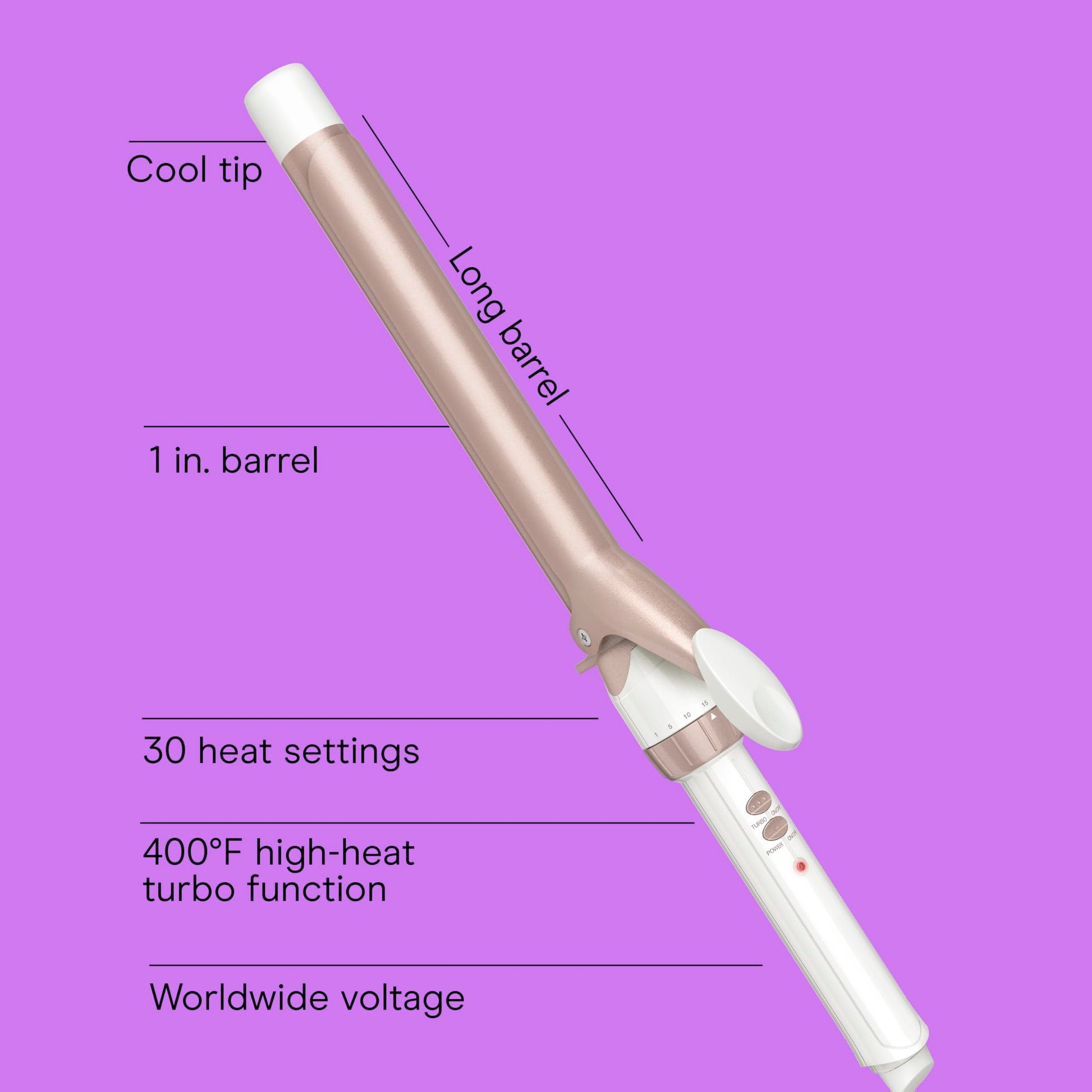 Violet Conair Double Ceramic 1-Inch Long Barrel Curling Iron, 1-Inch Barrel Creates Classic Curls to Loose Waves, Hair Curler for Use on Short, Medium, & Long Hair, White/Rose Gold
