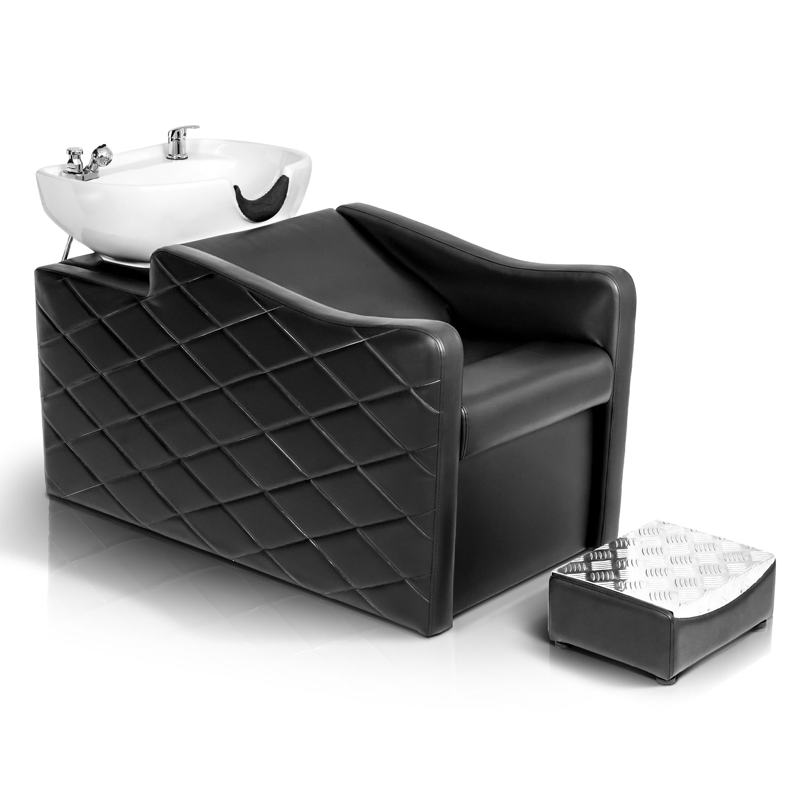 White Smoke OmySalon Shampoo Bowl and Chair Set for Salon, Hair Washing Station with Ceramic Shampoo Sink, UPC Certificated Vacuum Breaker, Neck Rest, Backwash Shampoo Unit for Barbershop Beauty Spa