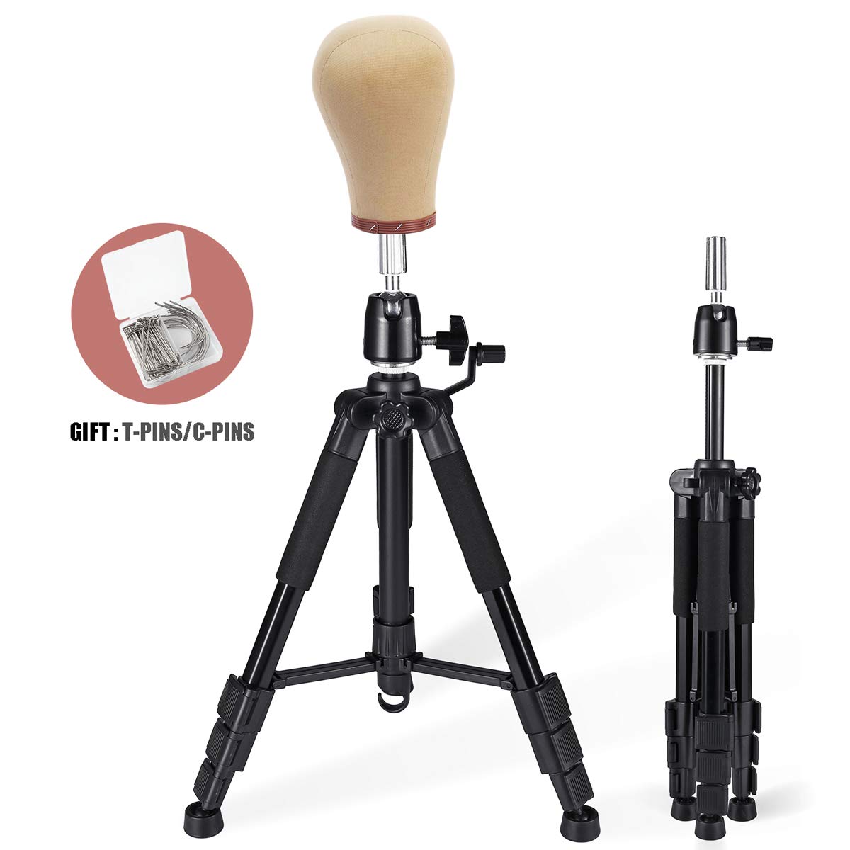 White Smoke QISHI YUHUA Wig Stand Tripod with Non-Slip Base Adjustable Mannequin Head Stand with Hook Heavy Duty Manikin Head Tripod