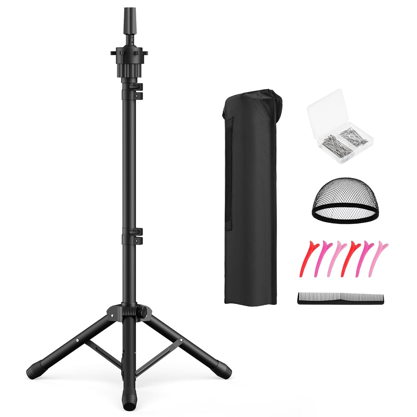 White Smoke Retbtnm Wig Head Stand 50 Inches, Height Adjustable Tripod Wig Stand, Salon Mannequin Head Stand with Anti-Slip Base for Styling, Wig Display Barber Training, Beauty School (Black)