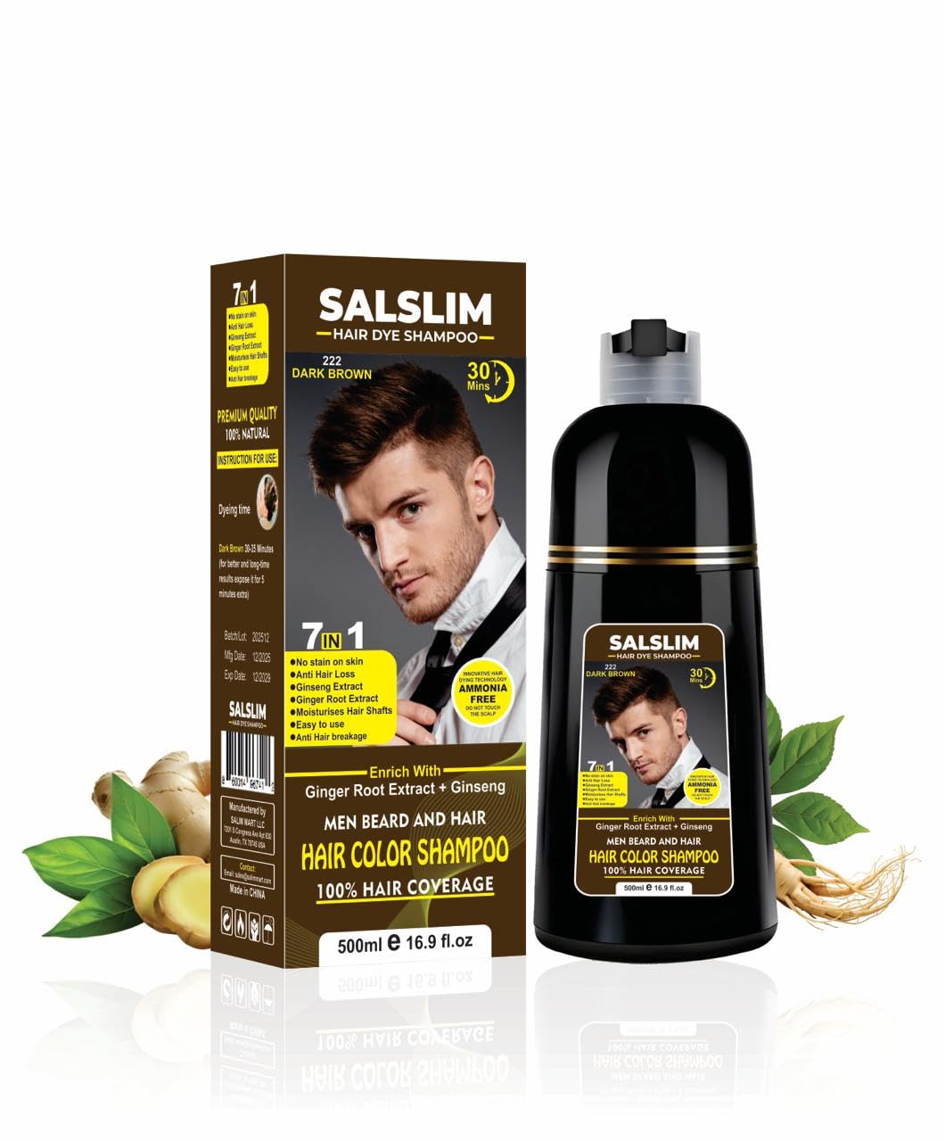 White Smoke SALSLIM Hair Dye Shampoo – 7-in-1 Instant Natural Dark Brown Color in Minutes, Herbal Hair Coloring Shampoo for Gray Coverage, Long Lasting, Easy to Use for Men – 30+ Days (DARK BROWN)