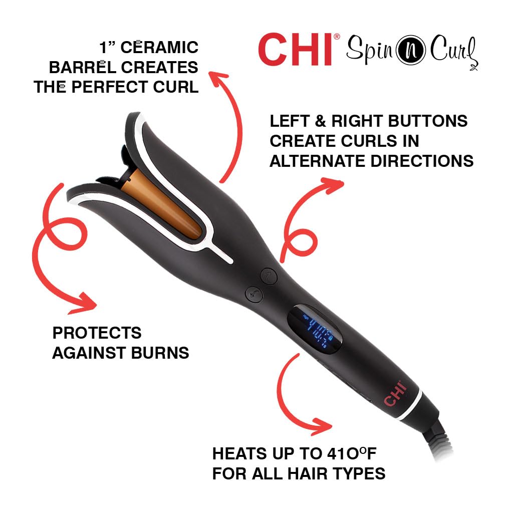 White Smoke CHI Spin N Curl 1″ Ceramic Rotating Curling Iron, Adjustable Preset Heat Settings for All Hair Types, Salon-Quality Curls & Waves, Auto Shut-Off, Tangle Protection, Onyx Black