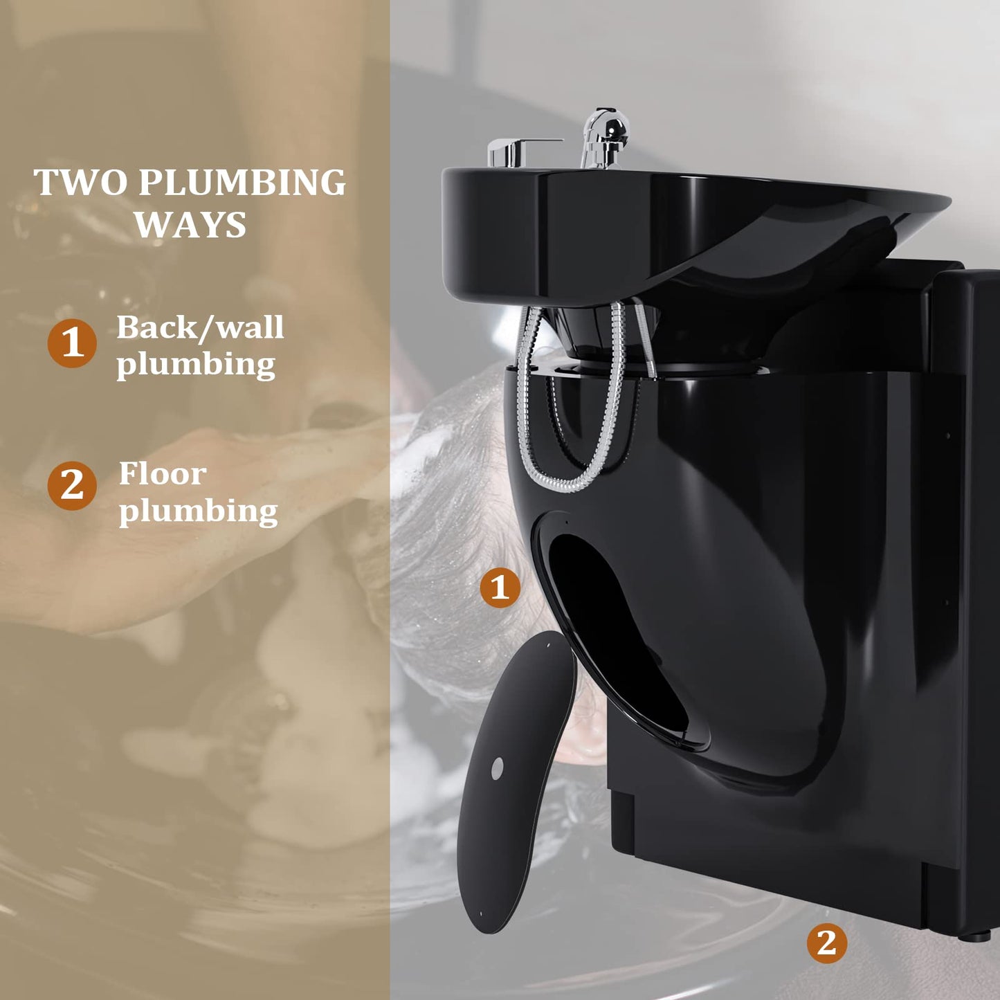 Rosy Brown OmySalon Shampoo Bowls for Salon Electric Shampoo Chair with Reclining Legrest & Tilting Porcelain Shampoo Sink, Hair Washing Station Backwash Barber Chair, Shampoo Unit for Beauty Spa Barbershop
