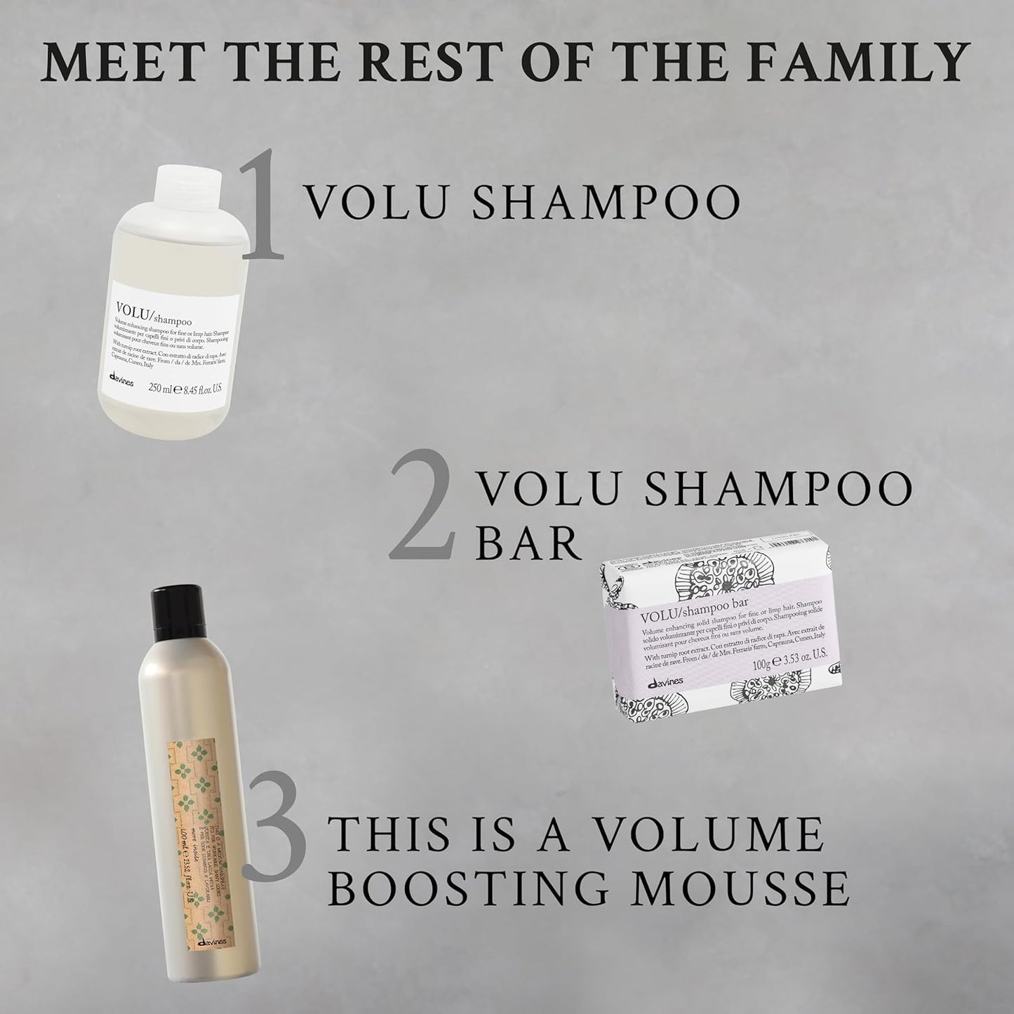 Gray Davines VOLU Shampoo, Volumizing Gentle Cleansing Action for Fine or Limp Hair - Making it Soft and Light with a Lasting Boost of Body and Volume with Turnip Root Extract, 8.45 Fl Oz