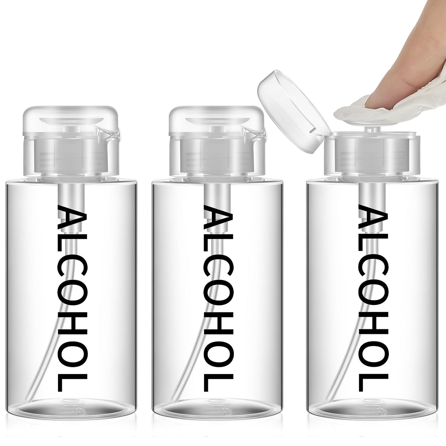 White Smoke Layhit 3 Pcs 10 oz Alcohol Pump Dispenser Bottles Alcohol Push Down Liquid Dispenser Empty Pumping Bottle Refillable Cosmetic Container for Personal, Salon, Nail Care (Clear Cap + Clear Bottle)