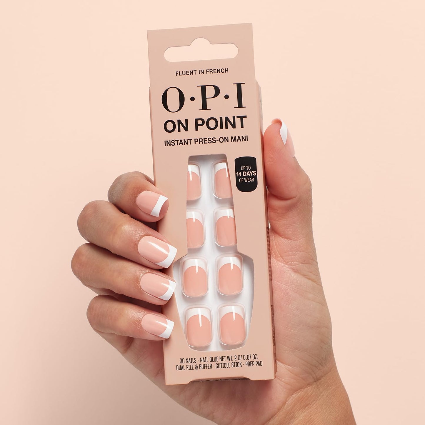 Bisque OPI On Point Fluent in French | Short Squoval Nude Pink & White French Tip Press On Nails | 30 Count with Nail Glue | Long Lasting, Reusable, Non-damaging