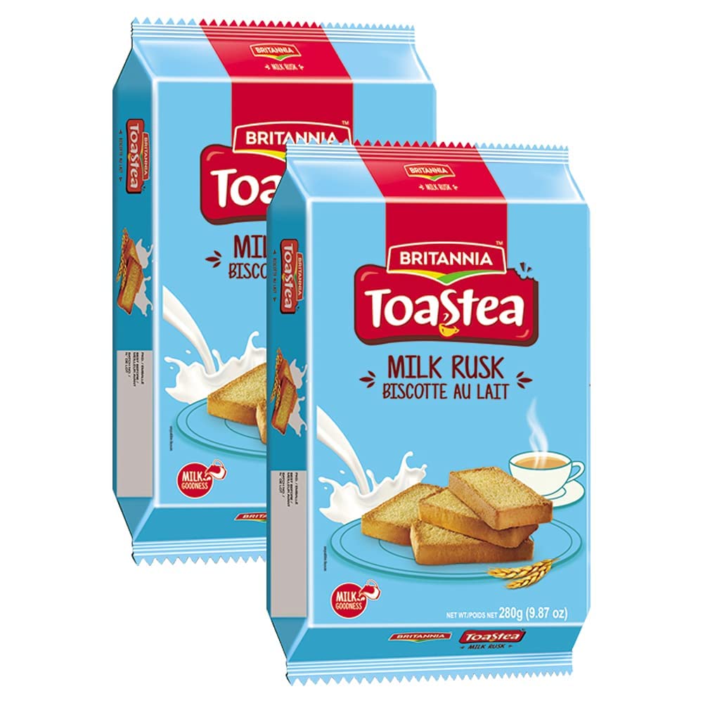 White Smoke Britannia Toastea Milk Rusk 9.87oz (280g) - Biscotte Au Lait - Crispy, Crunchy Tea Moments - Breakfast & Tea Time Snacks (Pack of 2)