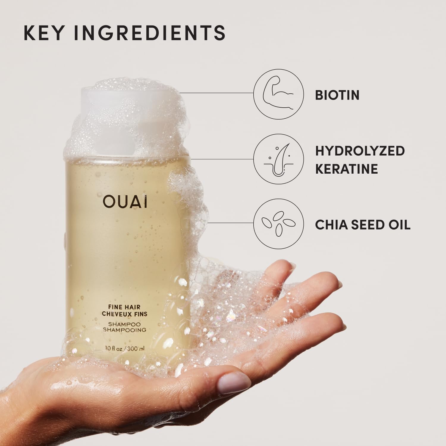Antique White OUAI Fine Hair Shampoo - Biotin Thickening Shampoo for Flat, Thin Hair - Volumizing & Strengthening Keratin & Chia Seed Oil for Women & Men - Lightweight, Color-Safe, Sulfate Free, 10 Oz