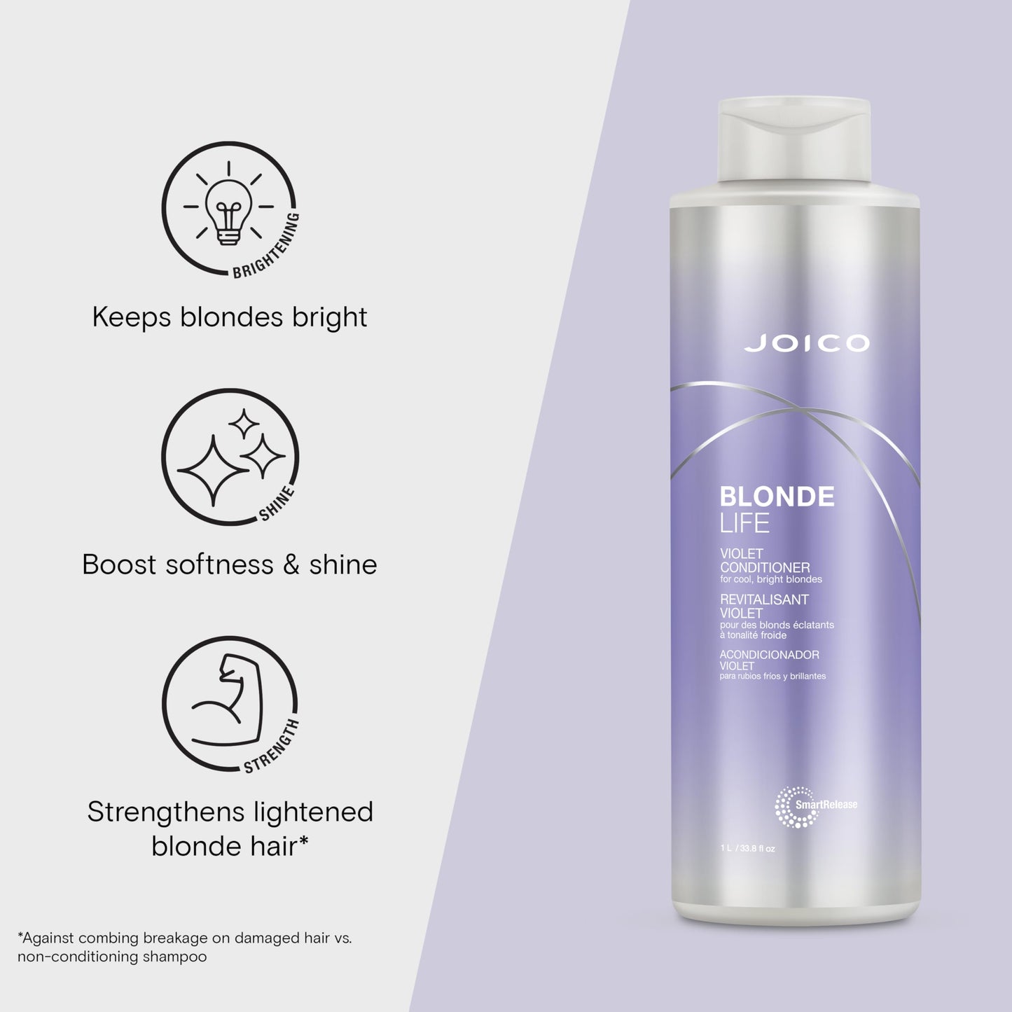 Lavender Joico Blonde Life Violet Conditioner | For Cool & Bright Blonde Hair | Neutralize Brassy Tones | Banish Yellow Tones | Boost Shine | Sulfate Free | With Monoi & Tamanu Oil | 33.8 Fl Oz