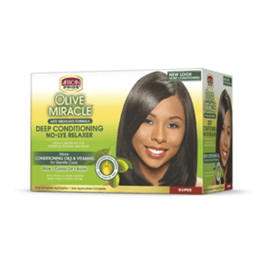White Smoke African Pride Olive Miracle Deep Conditioning No-Lye Relaxer Super - Contains Aloe Vera, Castor Oil & Biotin to Condition, Moisturize & Protect Hair, 1 Kit