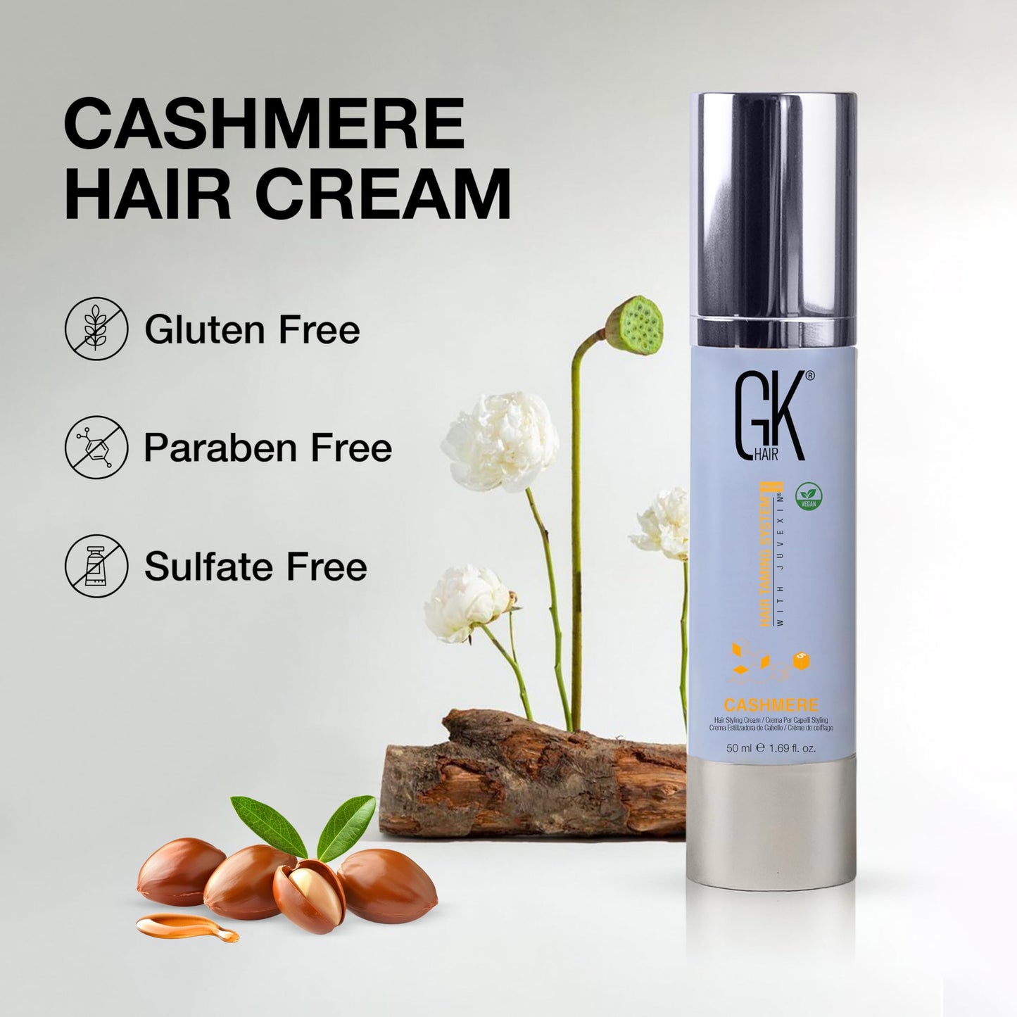 Light Gray GK HAIR Cashmere Hair Cream 1.69 Oz – Smoothing & Shine Styling Cream with Argan Oil, Anti Frizz Hair Cream for Soft, Silky & Manageable Hair, Lightweight Styling Cream for All Hair Types